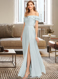 Kenna A-Line Off-the-Shoulder Floor-Length Chiffon Bridesmaid Dress With Beading Split Front Cascading Ruffles STIP0013226