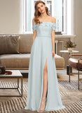 Kenna A-Line Off-the-Shoulder Floor-Length Chiffon Bridesmaid Dress With Beading Split Front Cascading Ruffles STIP0013226