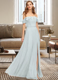 Kenna A-Line Off-the-Shoulder Floor-Length Chiffon Bridesmaid Dress With Beading Split Front Cascading Ruffles STIP0013226