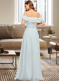 Kenna A-Line Off-the-Shoulder Floor-Length Chiffon Bridesmaid Dress With Beading Split Front Cascading Ruffles STIP0013226