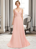 Averi A-Line V-neck Floor-Length Chiffon Lace Bridesmaid Dress STIP0013227