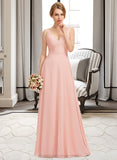 Averi A-Line V-neck Floor-Length Chiffon Lace Bridesmaid Dress STIP0013227