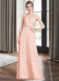 Leila A-Line Scoop Neck Floor-Length Chiffon Lace Bridesmaid Dress With Beading Bow(s) STIP0013229