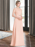 Leila A-Line Scoop Neck Floor-Length Chiffon Lace Bridesmaid Dress With Beading Bow(s) STIP0013229