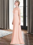 Leila A-Line Scoop Neck Floor-Length Chiffon Lace Bridesmaid Dress With Beading Bow(s) STIP0013229