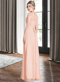 Leila A-Line Scoop Neck Floor-Length Chiffon Lace Bridesmaid Dress With Beading Bow(s) STIP0013229