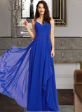 Sally A-Line V-neck Floor-Length Bridesmaid Dress With Ruffle STIP0013233