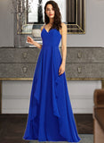 Sally A-Line V-neck Floor-Length Bridesmaid Dress With Ruffle STIP0013233