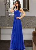 Sally A-Line V-neck Floor-Length Bridesmaid Dress With Ruffle STIP0013233