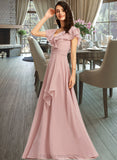 Annabel A-Line V-neck Floor-Length Bridesmaid Dress With Ruffle Split Front STIP0013234