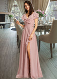 Annabel A-Line V-neck Floor-Length Bridesmaid Dress With Ruffle Split Front STIP0013234