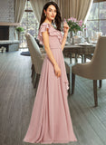 Annabel A-Line V-neck Floor-Length Bridesmaid Dress With Ruffle Split Front STIP0013234