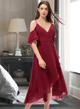 Jakayla A-Line V-neck Asymmetrical Chiffon Bridesmaid Dress With Cascading Ruffles STIP0013236