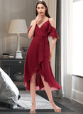 Jakayla A-Line V-neck Asymmetrical Chiffon Bridesmaid Dress With Cascading Ruffles STIP0013236