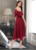 Jakayla A-Line V-neck Asymmetrical Chiffon Bridesmaid Dress With Cascading Ruffles STIP0013236