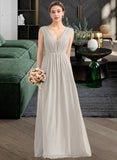 Siena A-Line V-neck Floor-Length Chiffon Lace Bridesmaid Dress With Ruffle STIP0013238