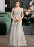 Siena A-Line V-neck Floor-Length Chiffon Lace Bridesmaid Dress With Ruffle STIP0013238