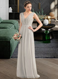 Siena A-Line V-neck Floor-Length Chiffon Lace Bridesmaid Dress With Ruffle STIP0013238