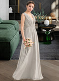 Siena A-Line V-neck Floor-Length Chiffon Lace Bridesmaid Dress With Ruffle STIP0013238