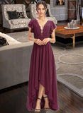 Laurel A-Line V-neck Asymmetrical Bridesmaid Dress With Lace Cascading Ruffles STIP0013243