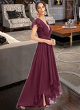 Laurel A-Line V-neck Asymmetrical Bridesmaid Dress With Lace Cascading Ruffles STIP0013243