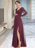 Florence A-Line V-neck Floor-Length Bridesmaid Dress With Split Front STIP0013244