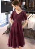 Luciana A-Line V-neck Knee-Length Chiffon Lace Bridesmaid Dress With Sequins STIP0013246