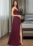 Rayne Sheath/Column V-neck Floor-Length Bridesmaid Dress With Ruffle Split Front STIP0013247