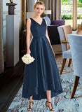 Harriet Ball-Gown/Princess V-neck Asymmetrical Satin Bridesmaid Dress With Pockets STIP0013251