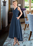 Harriet Ball-Gown/Princess V-neck Asymmetrical Satin Bridesmaid Dress With Pockets STIP0013251