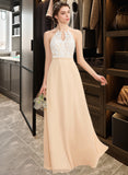 Adalynn A-Line Scoop Neck Floor-Length Chiffon Lace Bridesmaid Dress With Bow(s) STIP0013259