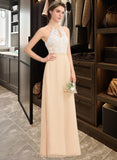 Adalynn A-Line Scoop Neck Floor-Length Chiffon Lace Bridesmaid Dress With Bow(s) STIP0013259