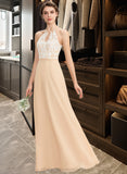 Adalynn A-Line Scoop Neck Floor-Length Chiffon Lace Bridesmaid Dress With Bow(s) STIP0013259