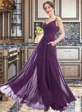 Millie A-Line V-neck Floor-Length Bridesmaid Dress With Pockets STIP0013263