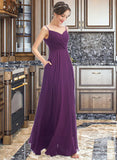 Millie A-Line V-neck Floor-Length Bridesmaid Dress With Pockets STIP0013263