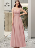 Michaelia A-Line V-neck Floor-Length Chiffon Bridesmaid Dress With Ruffle STIP0013266