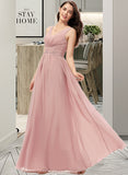 Michaelia A-Line V-neck Floor-Length Chiffon Bridesmaid Dress With Ruffle STIP0013266