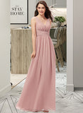 Michaelia A-Line V-neck Floor-Length Chiffon Bridesmaid Dress With Ruffle STIP0013266