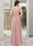 Michaelia A-Line V-neck Floor-Length Chiffon Bridesmaid Dress With Ruffle STIP0013266