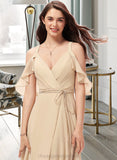 Mara A-Line V-neck Floor-Length Chiffon Bridesmaid Dress With Ruffle Split Front STIP0013267