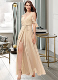 Mara A-Line V-neck Floor-Length Chiffon Bridesmaid Dress With Ruffle Split Front STIP0013267