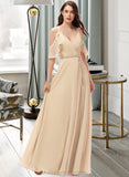 Mara A-Line V-neck Floor-Length Chiffon Bridesmaid Dress With Ruffle Split Front STIP0013267