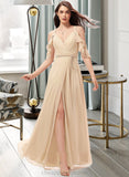 Mara A-Line V-neck Floor-Length Chiffon Bridesmaid Dress With Ruffle Split Front STIP0013267