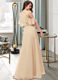 Mara A-Line V-neck Floor-Length Chiffon Bridesmaid Dress With Ruffle Split Front STIP0013267