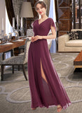 Belen A-Line V-neck Floor-Length Bridesmaid Dress With Ruffle Split Front STIP0013276