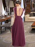 Belen A-Line V-neck Floor-Length Bridesmaid Dress With Ruffle Split Front STIP0013276