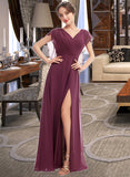 Belen A-Line V-neck Floor-Length Bridesmaid Dress With Ruffle Split Front STIP0013276