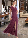 Belen A-Line V-neck Floor-Length Bridesmaid Dress With Ruffle Split Front STIP0013276