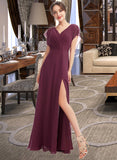 Belen A-Line V-neck Floor-Length Bridesmaid Dress With Ruffle Split Front STIP0013276