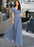 Lacey A-Line V-neck Floor-Length Bridesmaid Dress With Lace STIP0013278